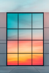 Elegant minimalist building with sharp lines and large glass panels glowing under a warm sunset,