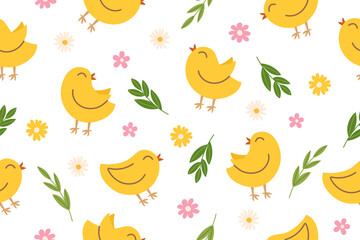 Easter seamless pattern of chickens with flowers and leaves on white background. Easter concept banner. Vector hand drawn illustration. 