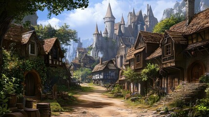 Enchanting artwork depicting a fantasy RPG village setting.