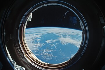 Fototapeta premium Stunning view of Earth from the International Space Station porthole during daylight, view from the space station through the porthole to outer space and the planet