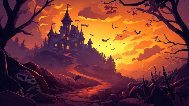 Enchanting fairytale castle illustration for Halloween
