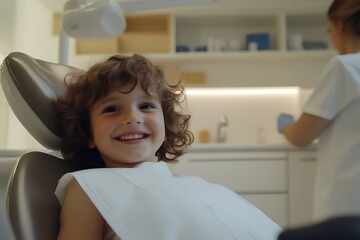 Obraz premium Happy caucasian child at dentist's office smiling during dental checkup