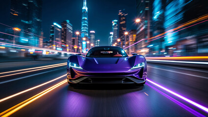 A purple sports car speeds through a vibrant city at night, creating a sense of dynamism and excitement.