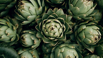 Fototapeta premium Artichoke Close-up Overhead Composition, Lush Green Tones, Botanical Texture, Artichoke Still Life Artichoke, Botanical Photography