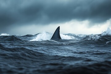 Fototapeta premium Shark fin in stormy ocean waves under dark sky