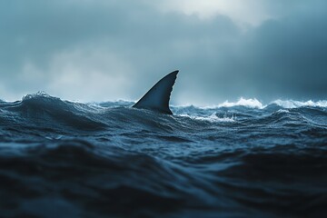 Fototapeta premium Shark fin emerging from ocean waves under moody sky