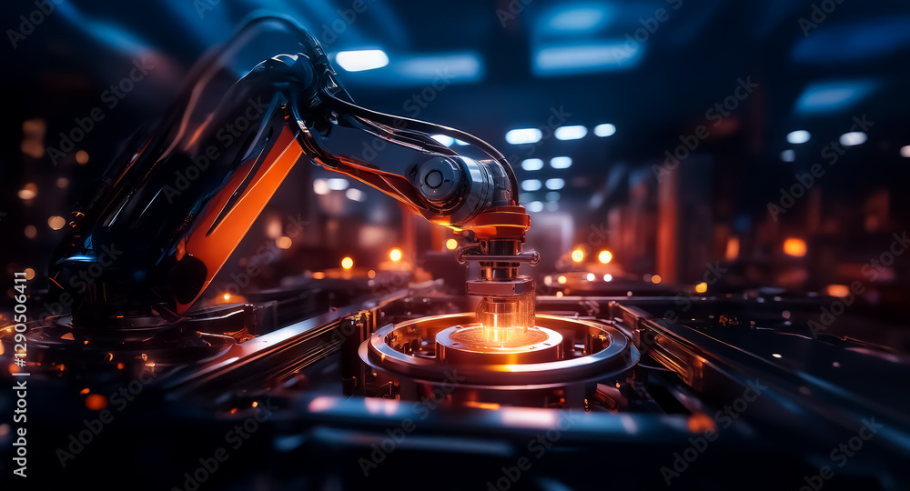 Fototapete advanced robotic arm operating in a dimly lit industrial factory, with orange and red lights illumin