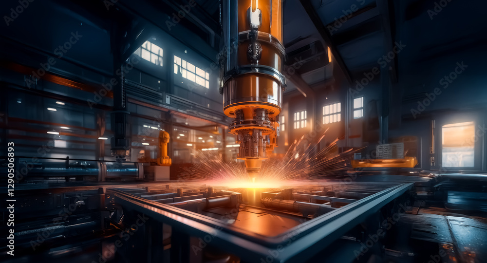 Leinwandbilder automated industrial process with a machine cutting metal in a dimly lit factory. sparks are flying,