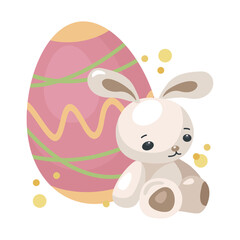 Obraz premium Easter clipart Toy soft bunny and decorated egg, print on isolated white background, vector illustration for print and web. Cute plush bunny and pink Easter egg hand drawn in cartoon style