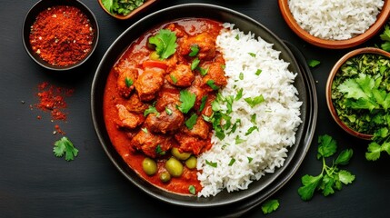 Flavorful Spicy Chicken Dish with Rice and Fresh Herbs on Table