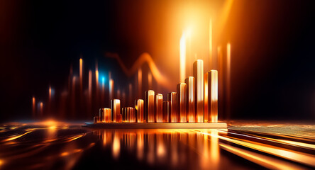 Gleaming golden bars ascend against a dark backdrop, illuminated by streaks of light, suggesting financial growth and technological advancement in a dynamic presentation.
