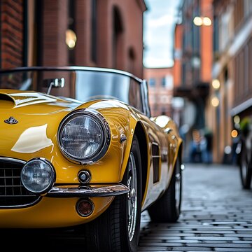 Fototapeta Yellow vintage car in cobblestone street