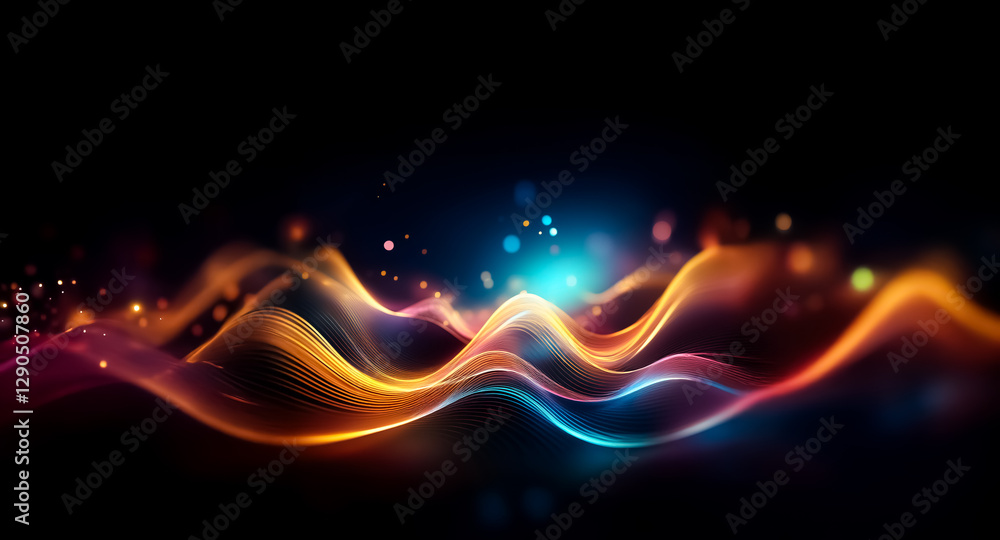 Aufkleber abstract digital art featuring vibrant, flowing waves of light against a dark backdrop. the glowing 