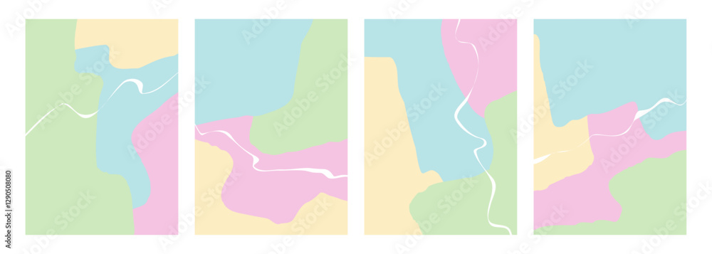Poster Spring theme abstract backgrounds with various curved soft colored shapes and white bent lines for Springtime season creative graphic design. Vector illustration.