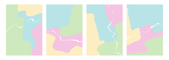 Spring theme abstract backgrounds with various curved soft colored shapes and white bent lines for Springtime season creative graphic design. Vector illustration.