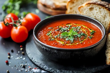 Traditional gazpacho soup in a bowl with fresh ingredients, vibrant red color, and a rustic presentation, perfect for summer meals, book illustration style