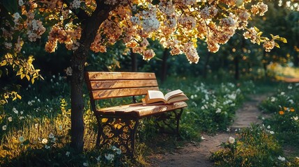 Naklejka premium Serene Spring Garden Bench with Open Book