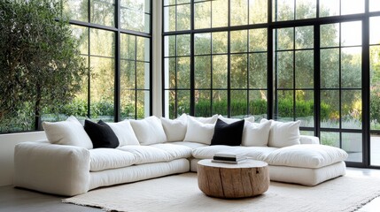 Fototapeta premium Modern Cozy Living Room Featuring a Large White Sectional Sofa and a Rustic Wooden Coffee Table Brightened by Natural Light From Expansive Windows