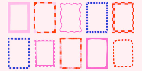 Whimsical wavy striped checkered colorful retro vector frames set