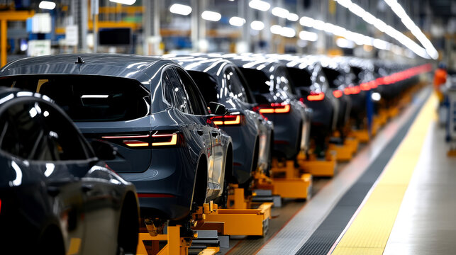 A production line showcasing several grey cars on assembly tracks in a modern manufacturing facility.
