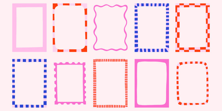 Whimsical wavy striped checkered colorful retro vector frames set