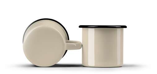 Mockup beige, tan mugs with black rim, png, set