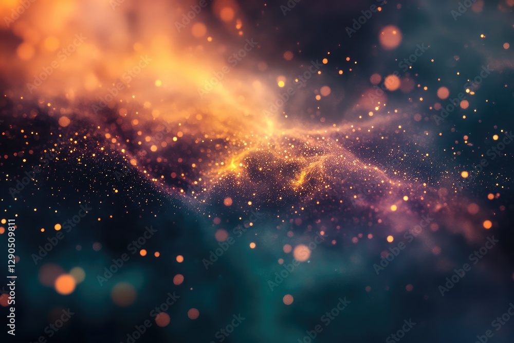 Poster abstract cosmic background with swirling nebula and glittering particles, creating a magical, dreamy