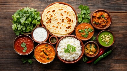 Colorful Indian Cuisine with Rice, Bread, and Various Curries