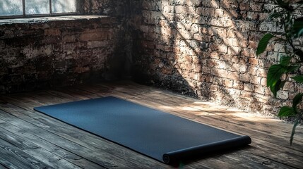 Yoga mat on rustic wooden floor against brick wall sunlit