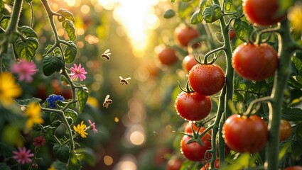 Fototapeta premium Sun-kissed tomatoes glisten with dew as busy bees flutter amidst vibrant wildflowers in a thriving garden.