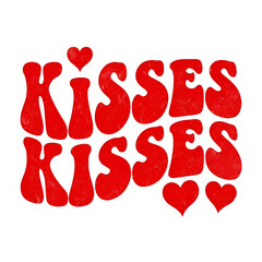 Retro Groovy Red Kisses Kisses Text Design with Hearts - Valentines Day Love Graphic Print Wall Art Decor 60s 70s Vintage
