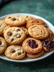 Plate of assorted cookies with chocolate chips and jam.