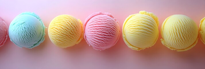 Colorful Scoops of Ice Cream in a Row on Pink Background Delicious Summer Treat