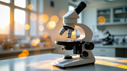 Modern microscope in a bright laboratory setting, poised for scientific research and medical discoveries.