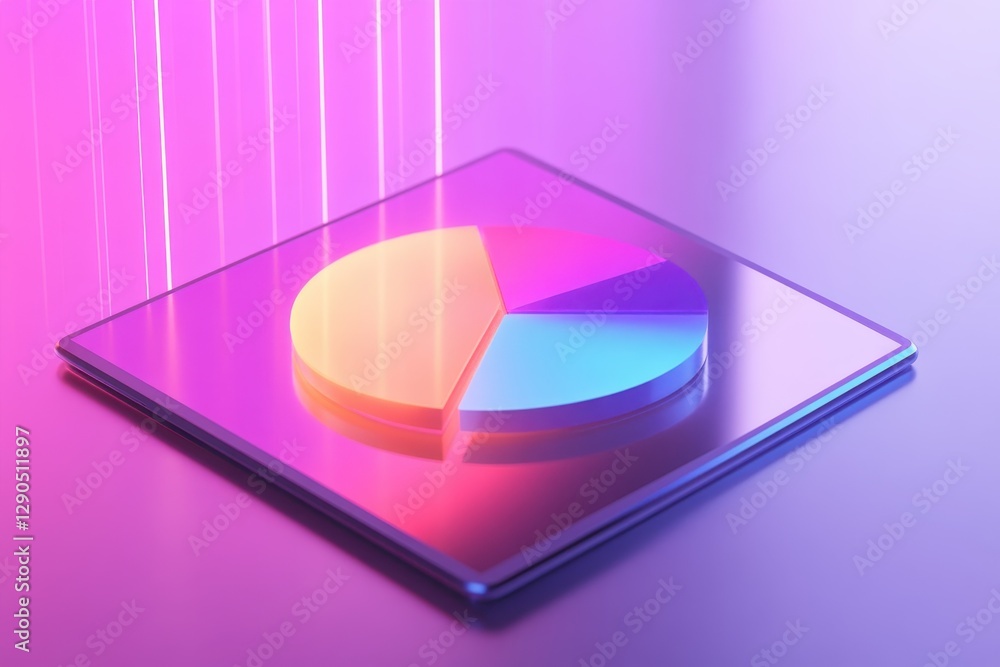 Poster visual representation of data analytics displayed on a tablet screen with a colorful pie chart, 3d p