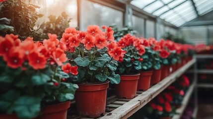 Vibrant red flowers in pots on greenhouse shelves
