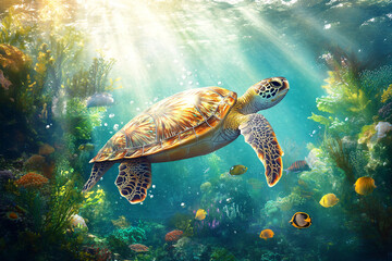 Obraz premium Sea turtle swims on the bottom of the blue ocean among sea inhabitants. Design template of the underwater world and biome diversity, for advertising diving, caring for nature and travel or vacation