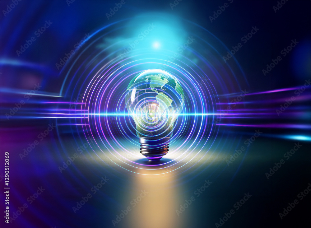 Poster a double exposure image displays a lightbulb filled with a world map. abstract blue and purple hues 