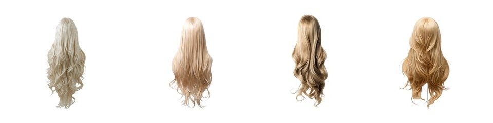 Set of Blonde Wavy Wig Hairpieces Hanging on Wall - Isolated on Transparent Background