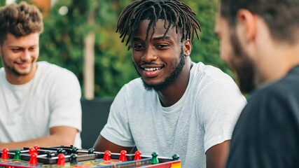Young African man enjoying a board game with friends outdoors, smiling and engaged in fun social activity