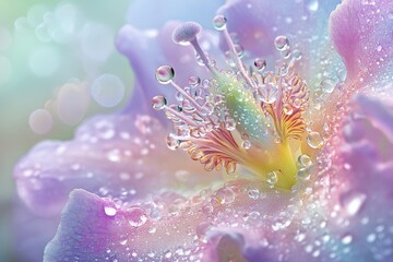 Naklejka premium Dewdrops adorn a pastel flower's delicate petals, creating a magical, ethereal scene.