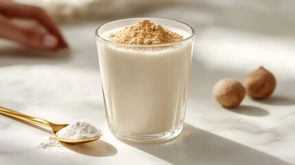 Glass of moon milk with adaptogenic herbs and golden spoon on marble table