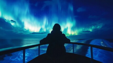 Fototapeta premium Cruise Ship Illuminated by Northern Lights in Icy Landscape at Nighttime