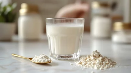 Gardinen Glass of plant based milk with protein powder on kitchen counter © CreativeSuburb