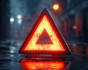 An illuminated warning sign sits on a wet surface in a city