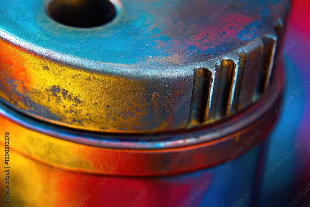 Poster close-up of a metallic object with vibrant, multicolored patina, showing texture and detail.