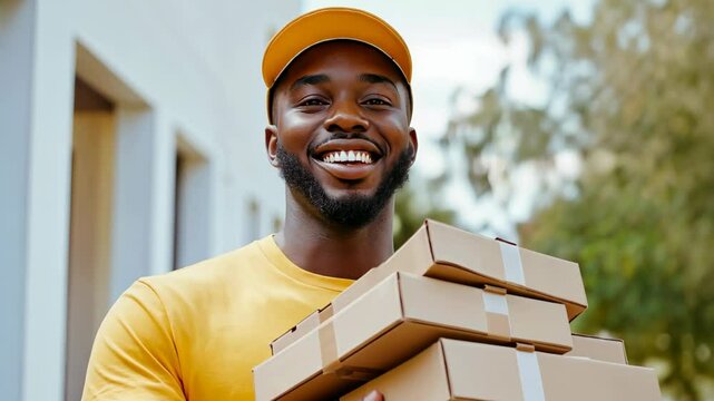 Young African man delivering packages with a cheerful smile in a vibrant neighborhood setting