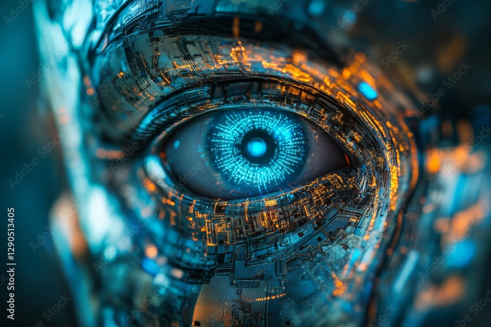 Poster cybernetic eye showcasing intricate patterns of technology and light in a futuristic environment