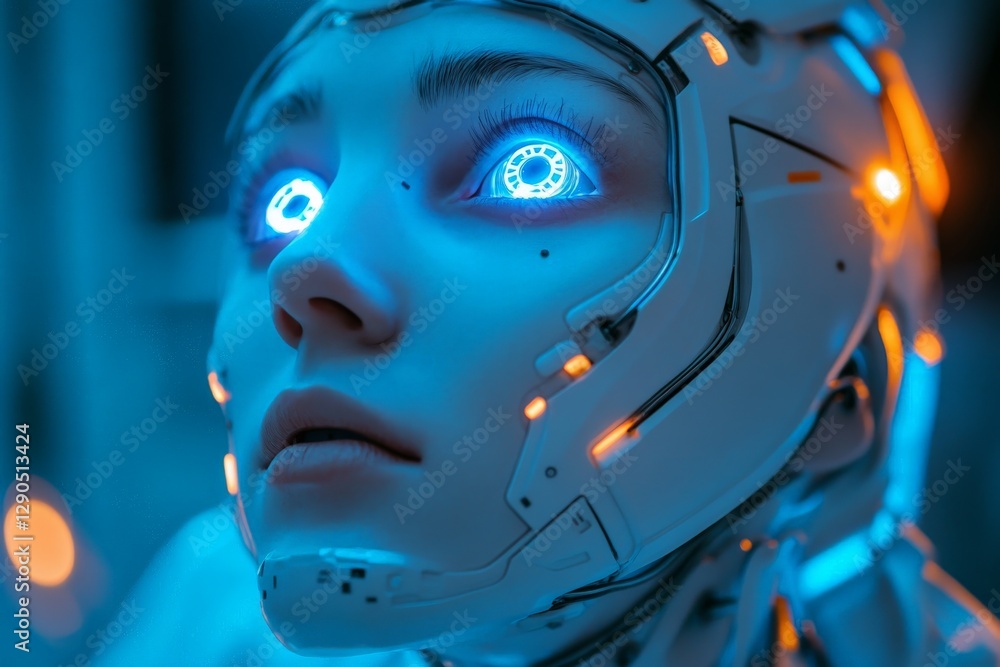 Poster futuristic humanoid robot with glowing blue eyes engages in advanced technology exploration in a hig