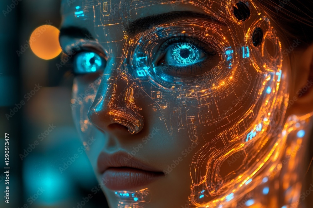 Poster futuristic portrayal of a woman's face with glowing circuit patterns in a cybernetic landscape at ni